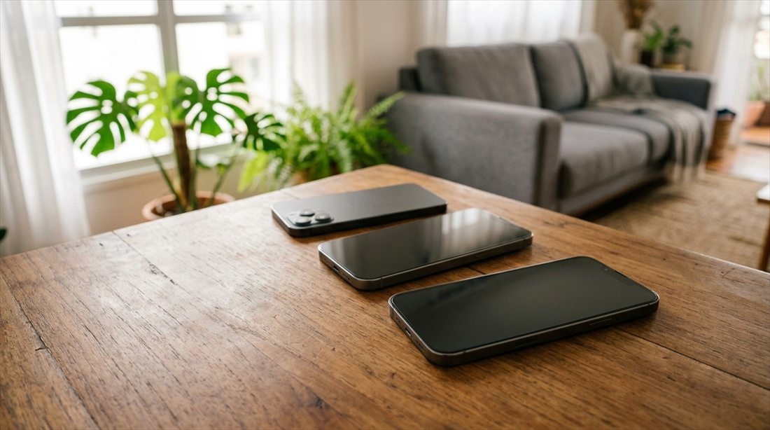 Tr&ecirc;s celulares com as telas apagadas sobre a mesa de madeira