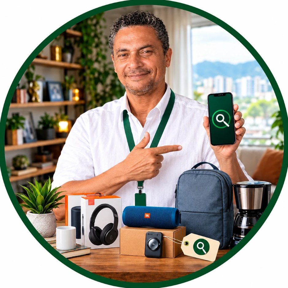 Cirne na mesa de casa, apontando para o celular, com fone, caixa de som, mochila e cafeteira ao lado